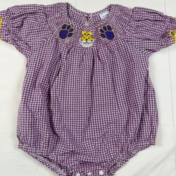 The Unbranded Brand Other - Unbranded Smocked Romper Baby 6-12M Purple Gingham Tiger Paw Print Kids EUC LSU